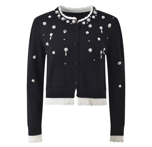 Pearl Embellished Contrast Knit Cardigan