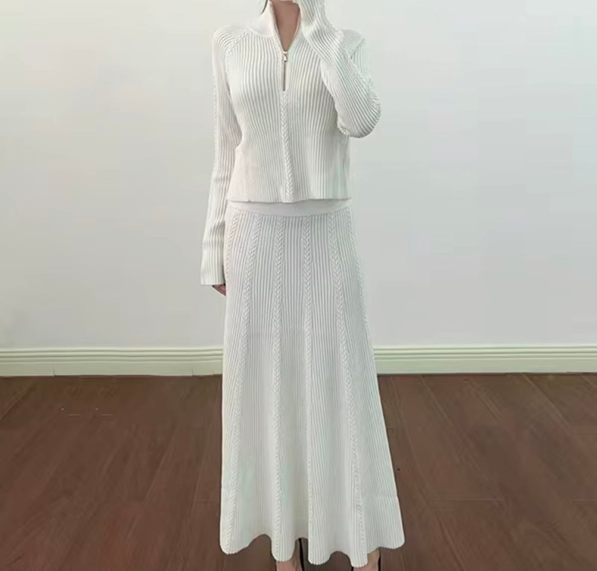 Zip Neck Ribbed Knit Maxi Skirt Set