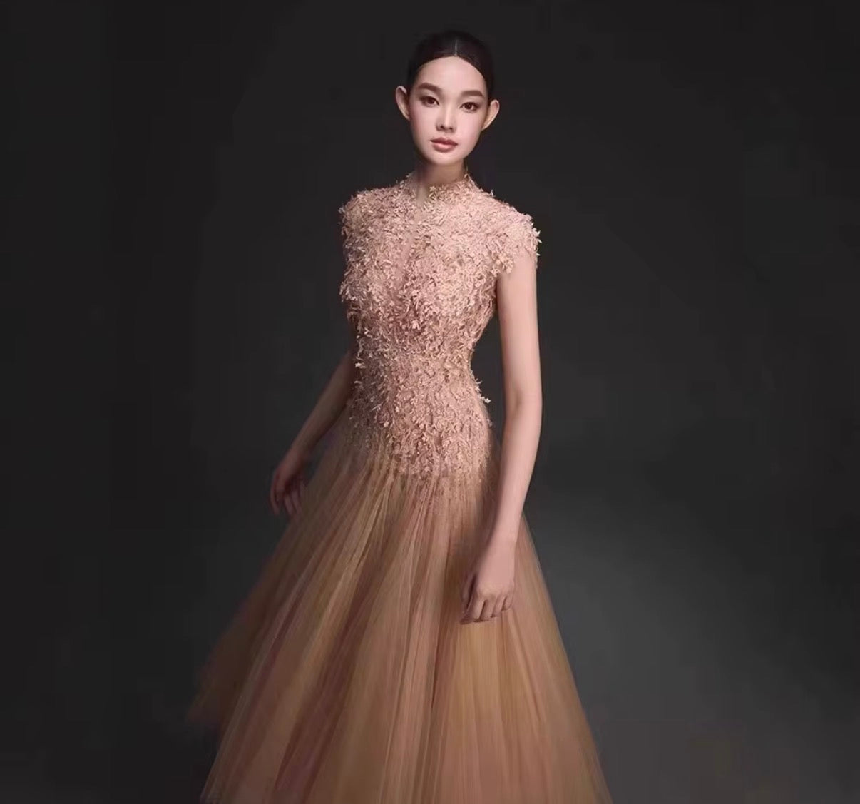 Textured Lace Bodice Ombre Tulle Midi Dress with Open Back and Soft Volume Skirt
