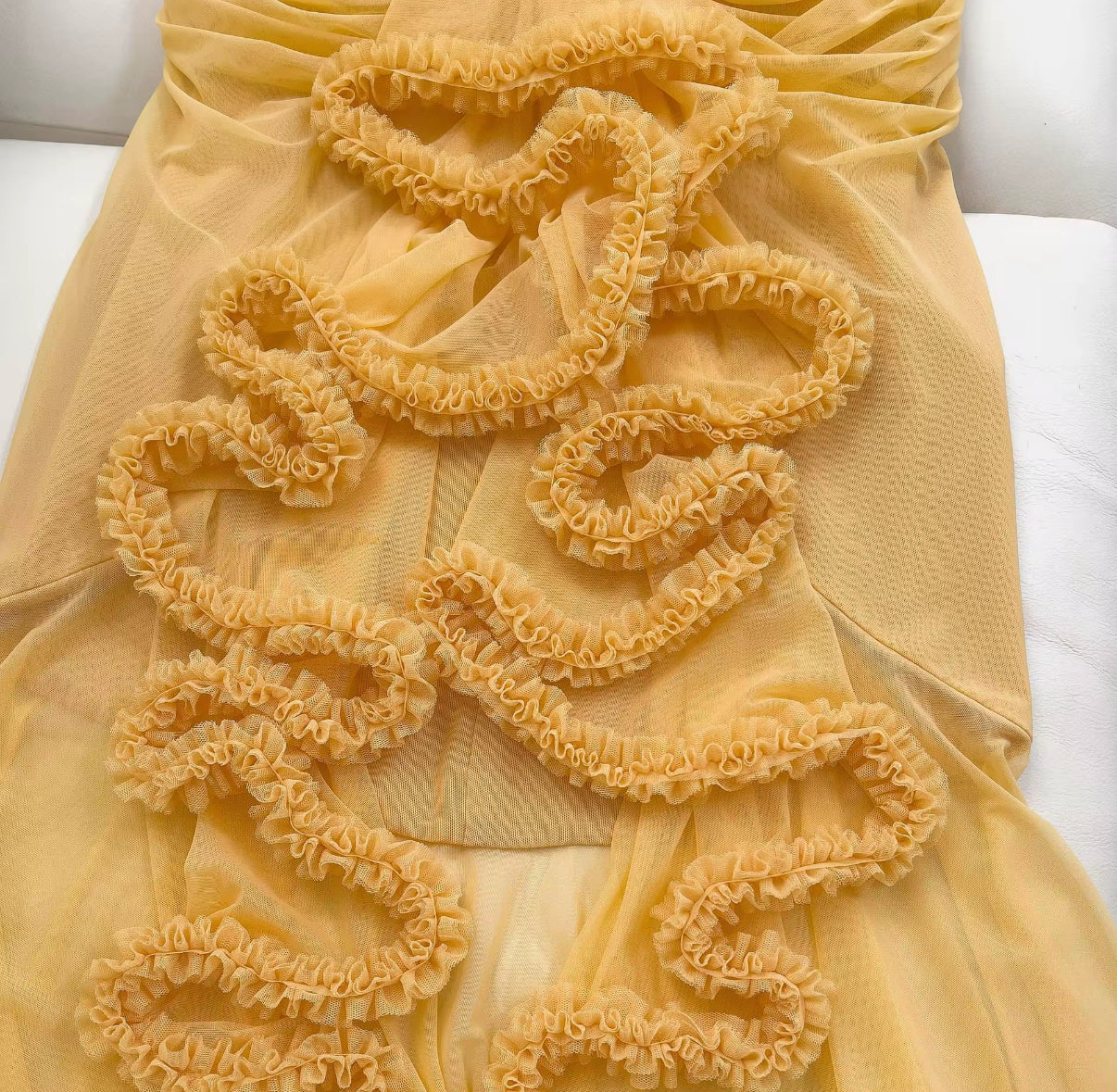 fitted mesh maxi dress with playful cascading ruffles