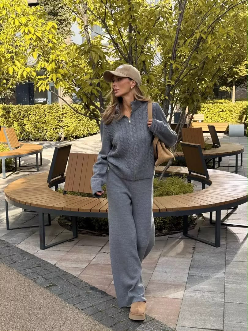 Cable Knit Zip Cardigan & Wide-Leg Pants Set