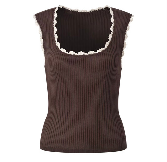 Lace Trim Ribbed Knit Top