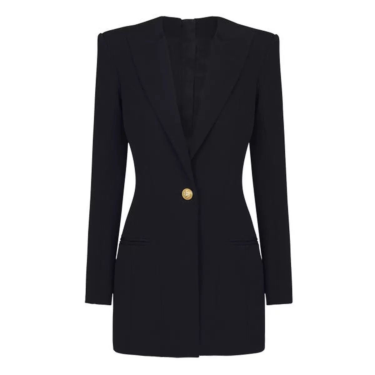 Tailored Blazer Dress with Sharp Shoulders and Single Gold Button