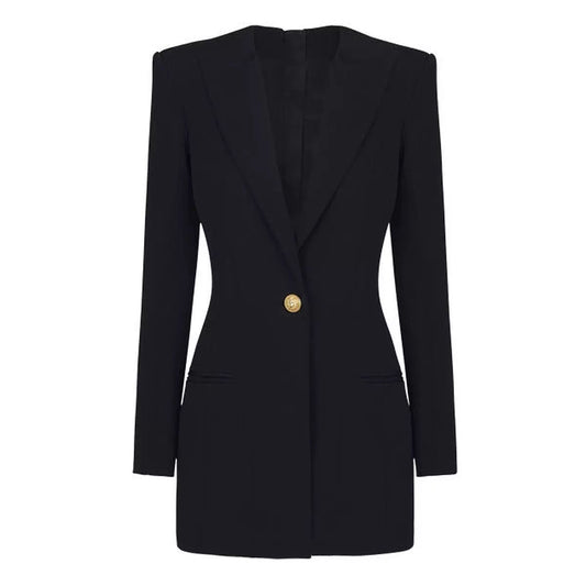 Tailored Blazer Dress with Sharp Shoulders and Single Gold Button
