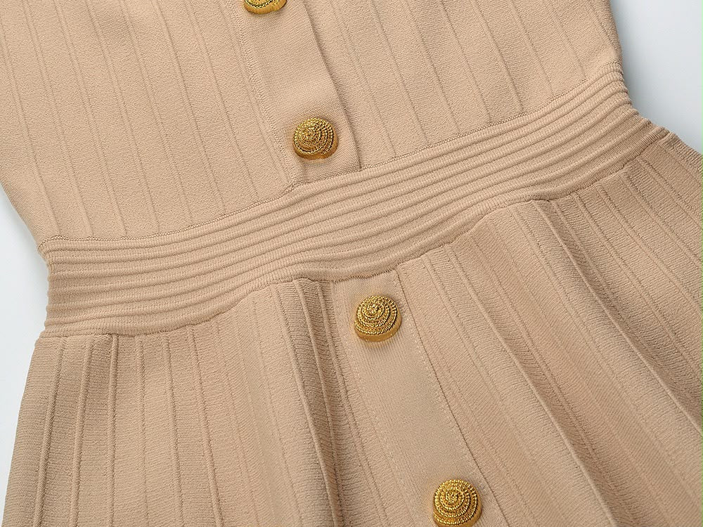 Gold-Button Ribbed Knit Mini Dress