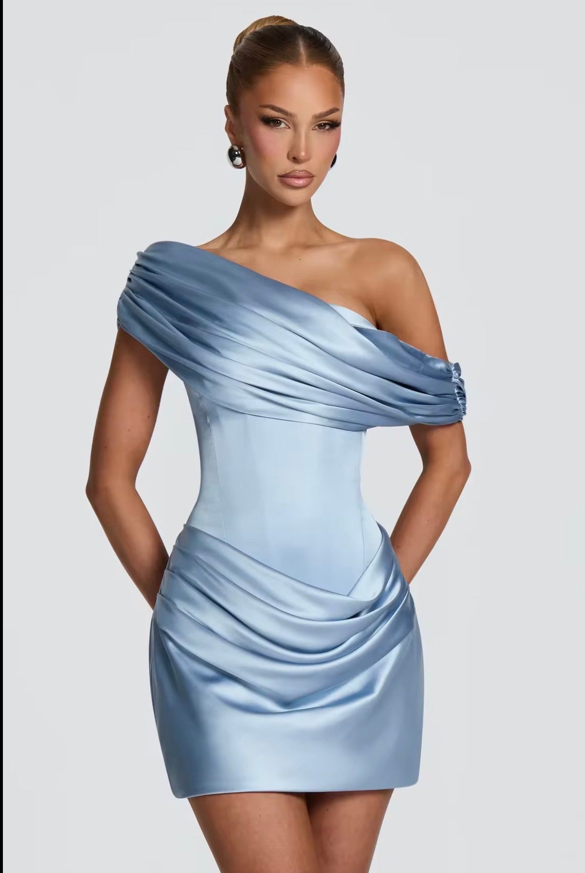 Sculpted Satin Drape Mini Dress