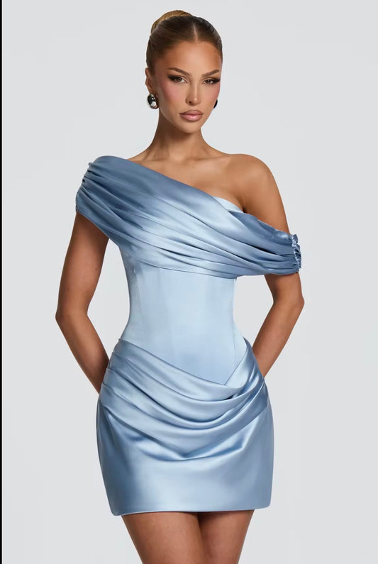 Sculpted Satin Drape Mini Dress