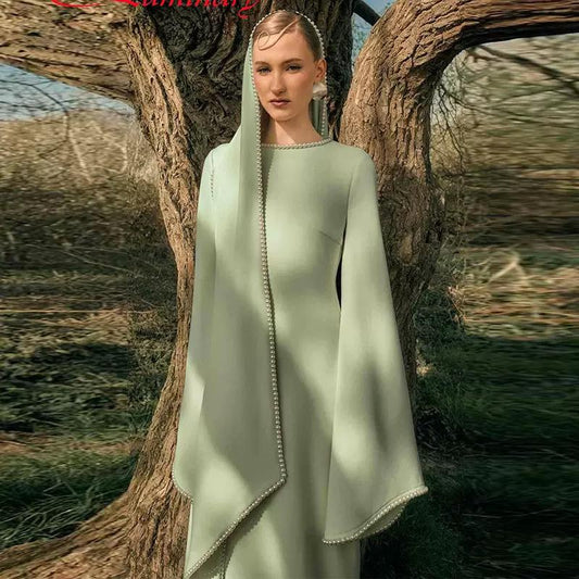 Pearl Trim Cape Sleeve Maxi Dress