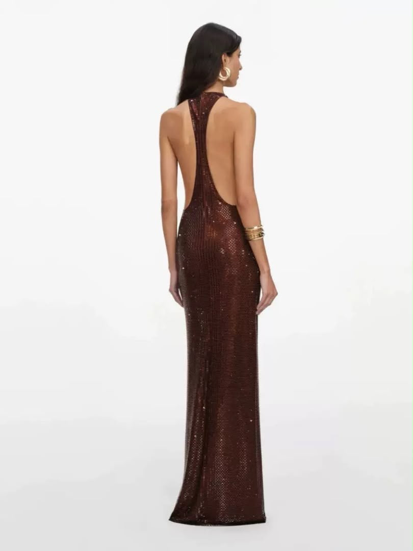 Chocolate Sequin Open-Back Halter Maxi Dress