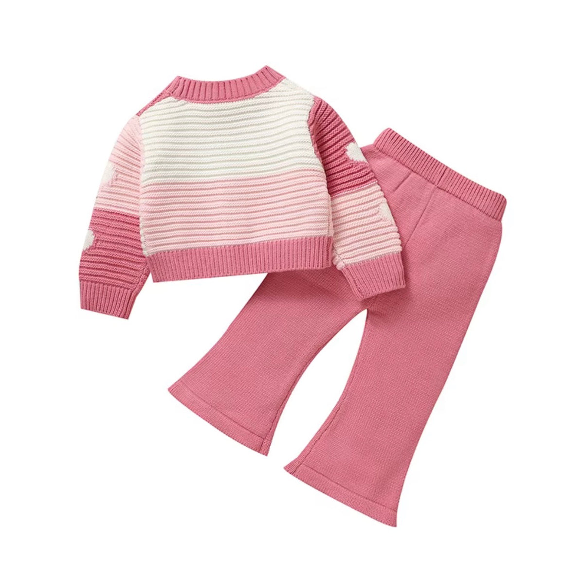 Pink Heart Knit Cardigan & Flared Pants Set