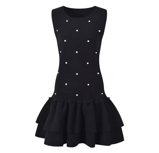 Pearl Studded Tiered Ruffle Mini Dress