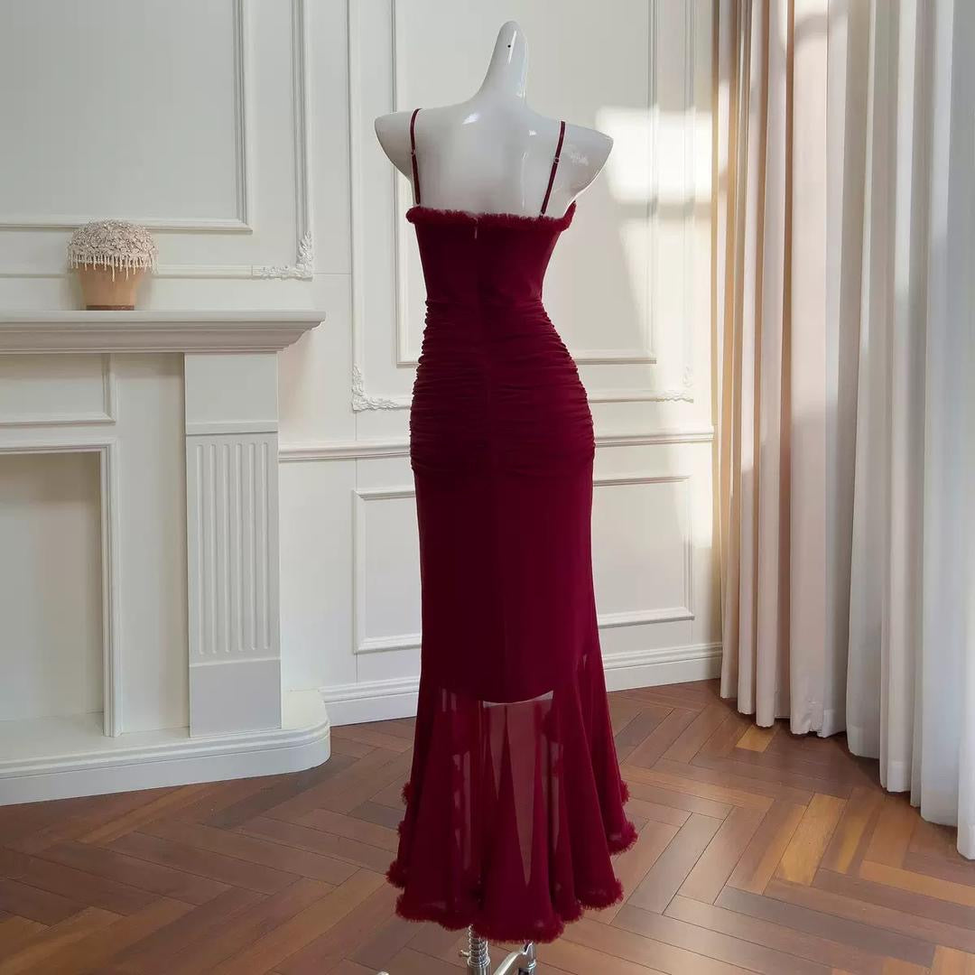 fitted mesh maxi dress with playful cascading ruffles