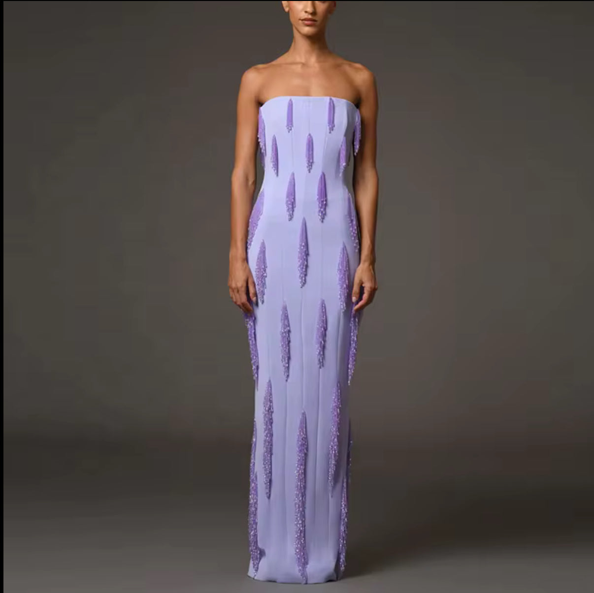 Lilac strapless evening dress with beaded detailing