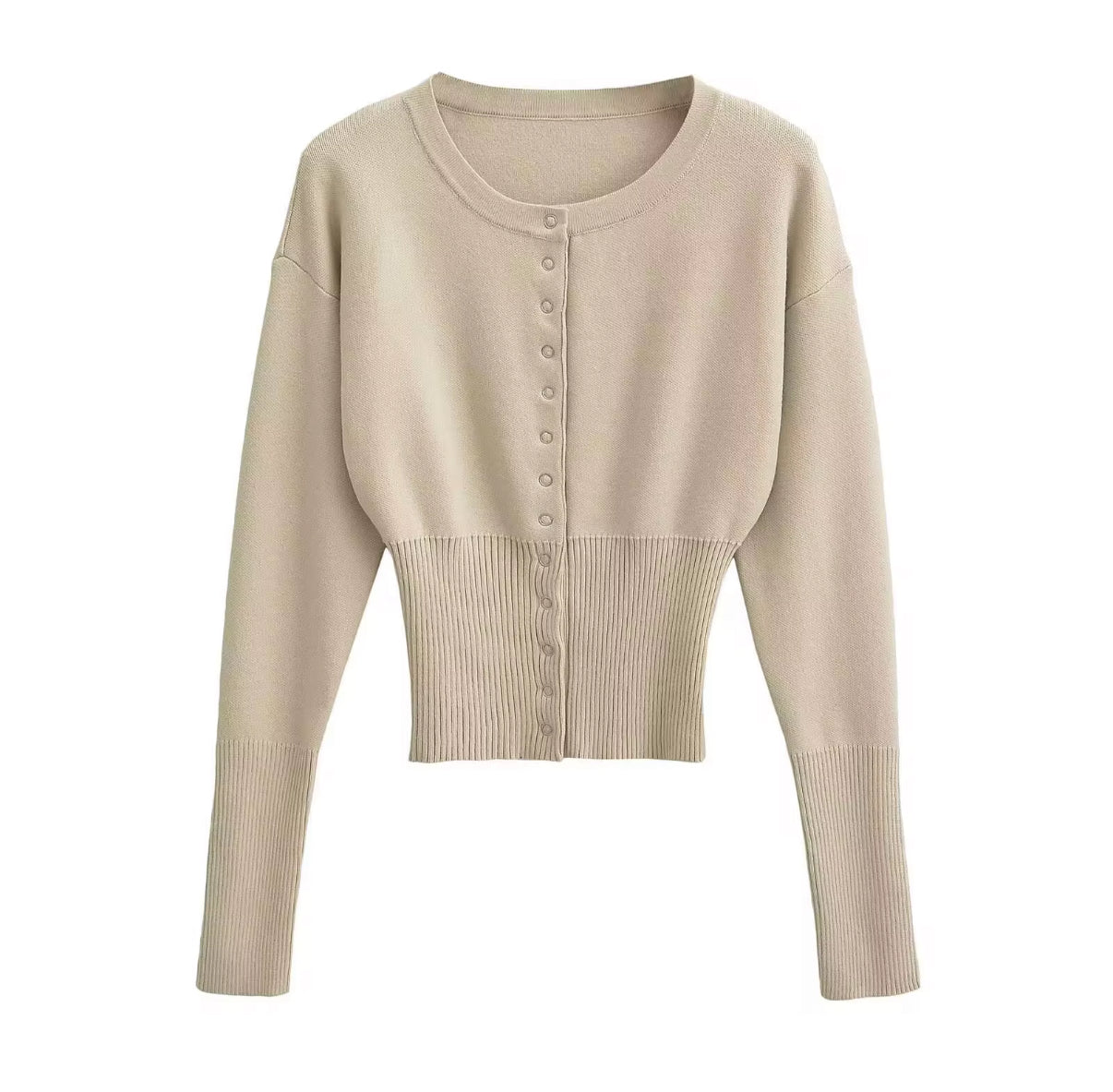 Long-Sleeve Ribbed Knit Top with Flared Cuffs and Snug Waist Fit