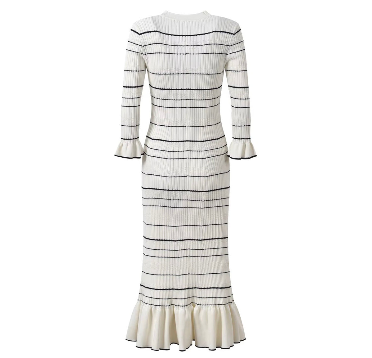 Ivory Striped Ruffle Maxi Knit Dress
