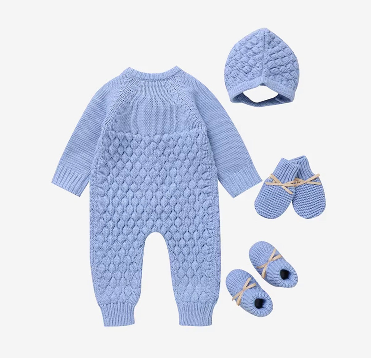 Baby Cable Knit Romper Set with Pom Pom Hat & Booties