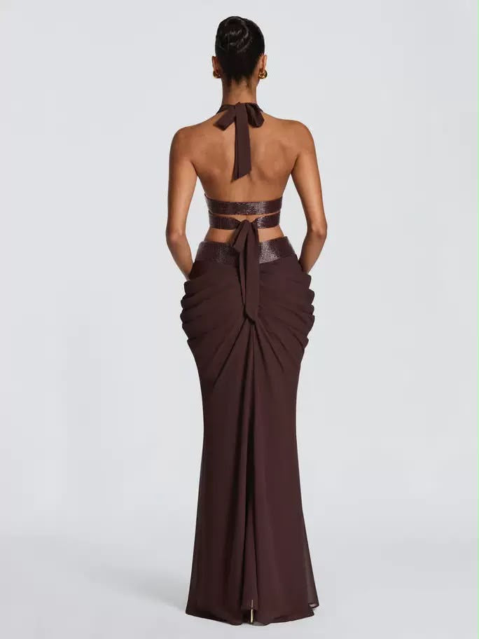 Chocolate Halter Crop Top & Draped Maxi Skirt Set ✨