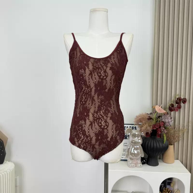 Wine Lace Bodysuit & Glossy Leather Shorts Set