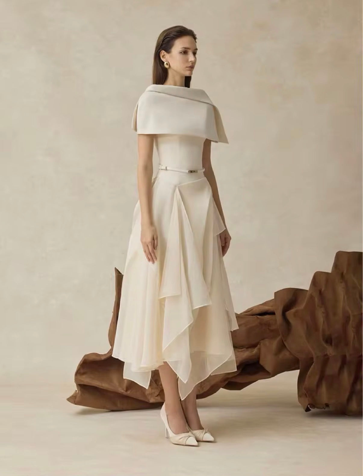 Ivory Grace Draped Cape Midi Dress
