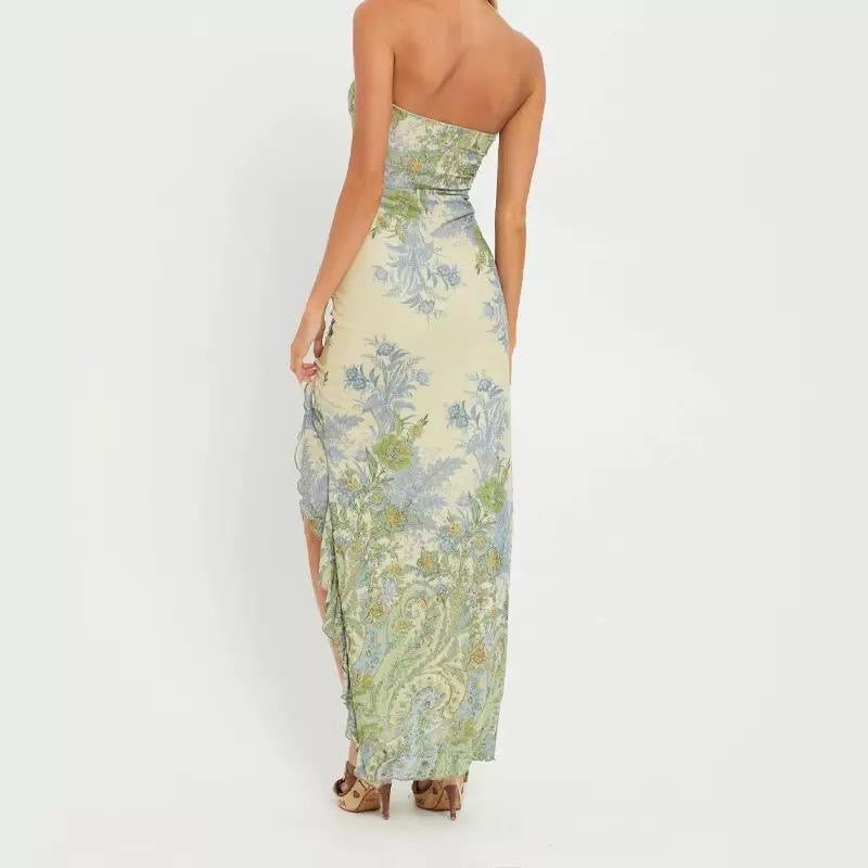 Pastel Garden Strapless Ruffle Slit Maxi Dress