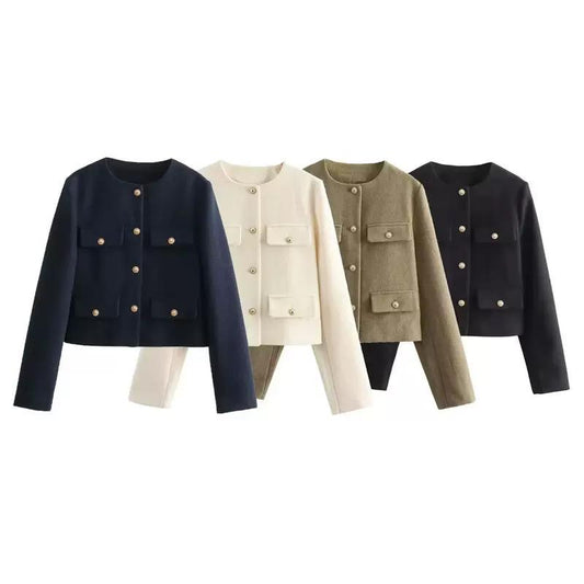 Cropped Tweed-Inspired Jacket with Gold Button Accents