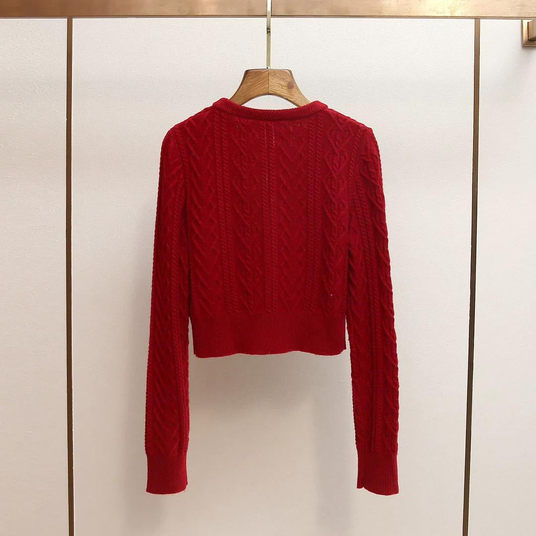 Velvet Bow Charm Cable-Knit Sweater – Red