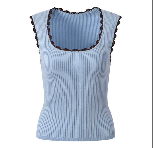 Lace Trim Ribbed Knit Top