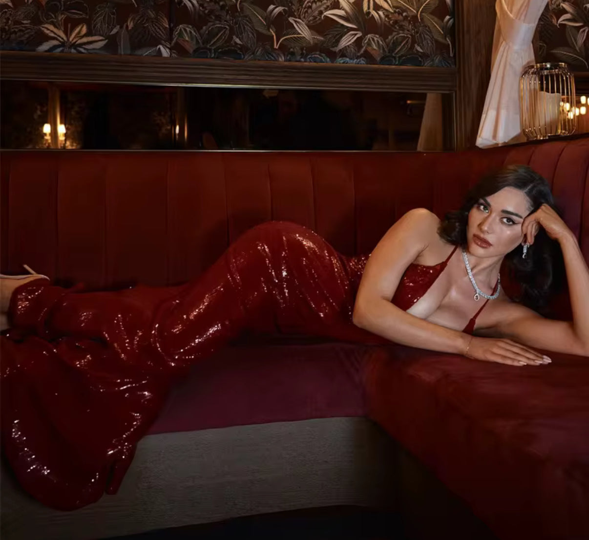 Red Halter Sequin Gown with Deep Plunge and Mermaid Hem