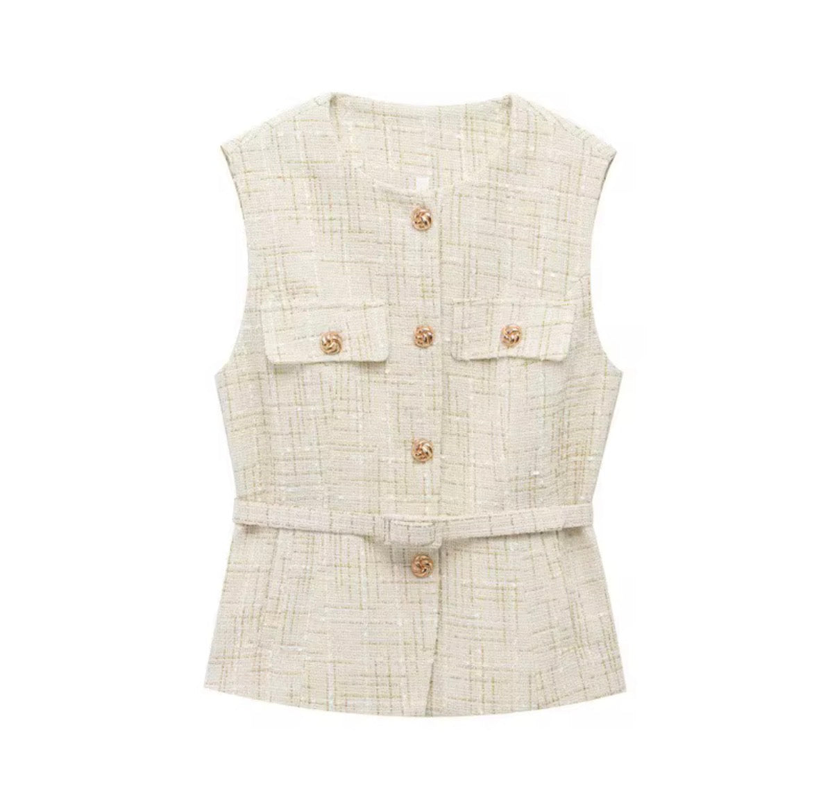 Textured Buttoned Belted Vest