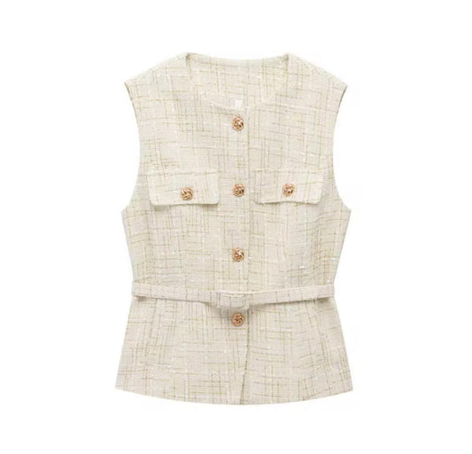 Textured Buttoned Belted Vest