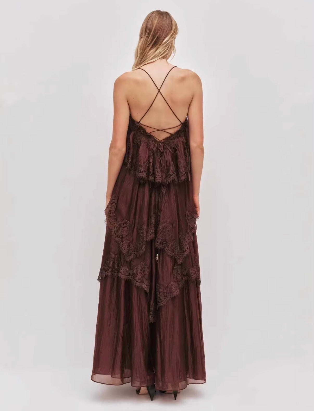 Chocolate Sheer Lace Tiered Maxi Dress with Layered Ruffles