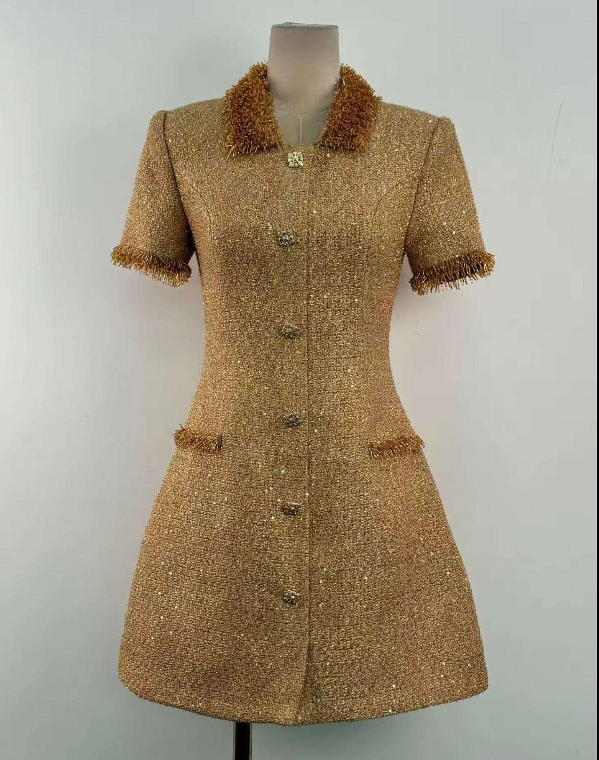 Golden Short-Sleeve Blazer Dress with Buttons