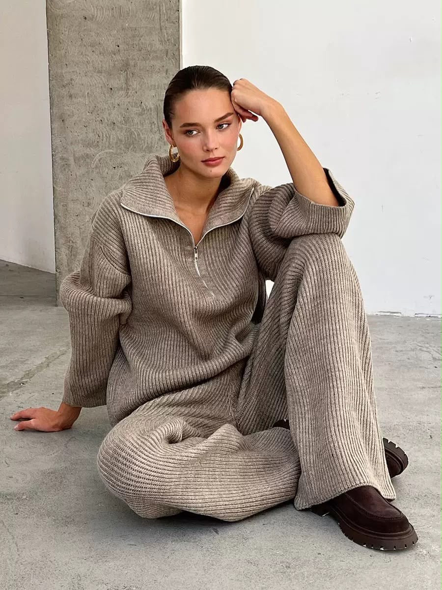 Ribbed Knit Half-Zip Wide-Leg Set