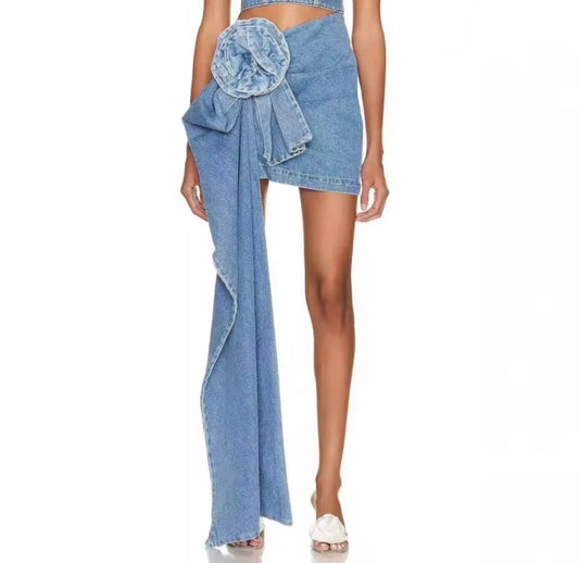 Denim Rosette Draped Mini Skirt
