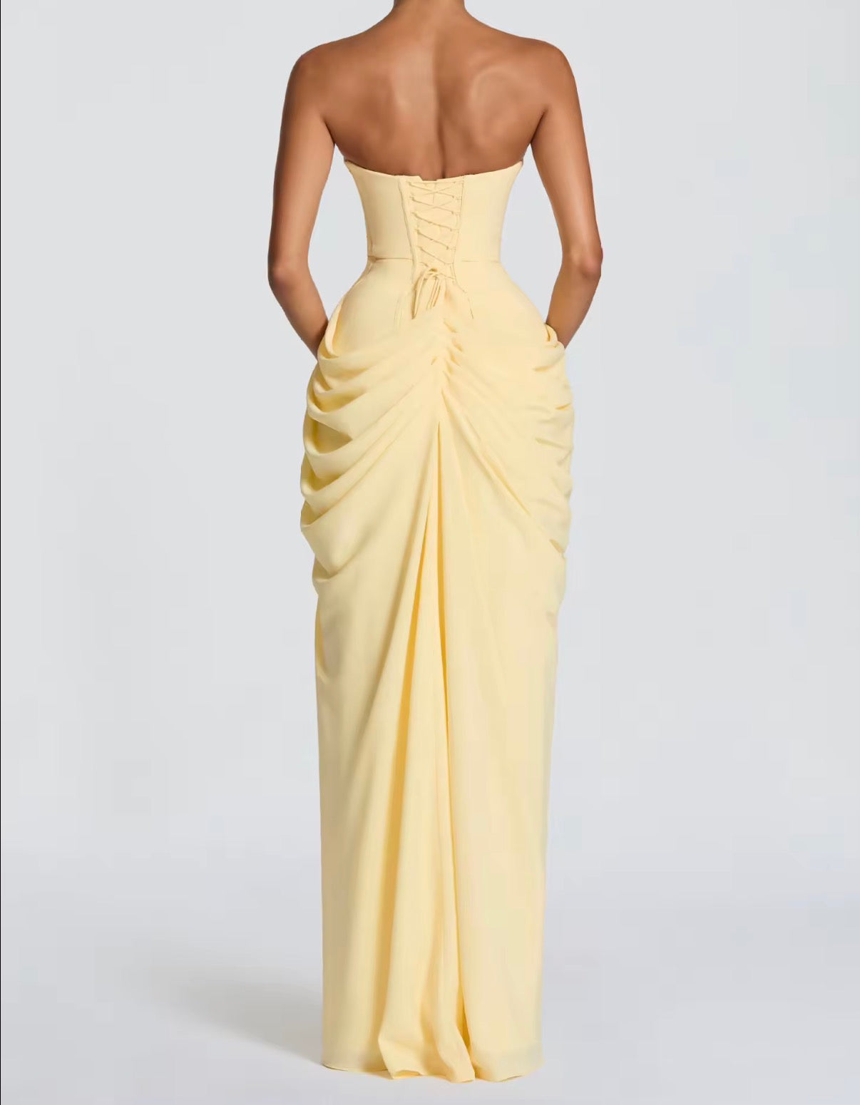 Strapless Draped Ruched Slit Gown