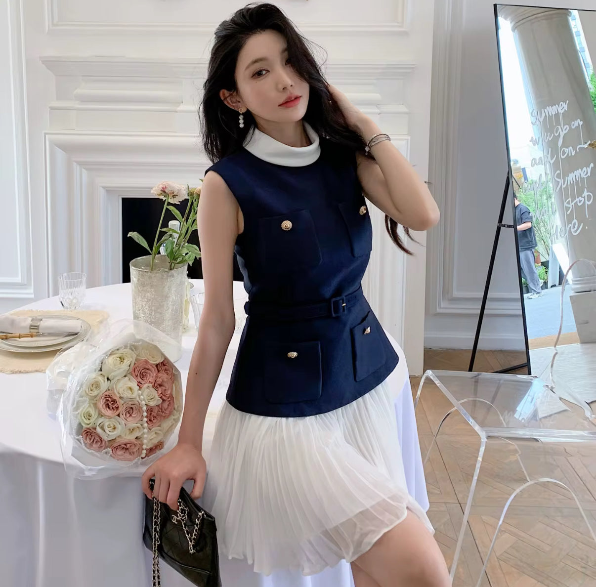 Navy Luxe Pleated Mini Dress