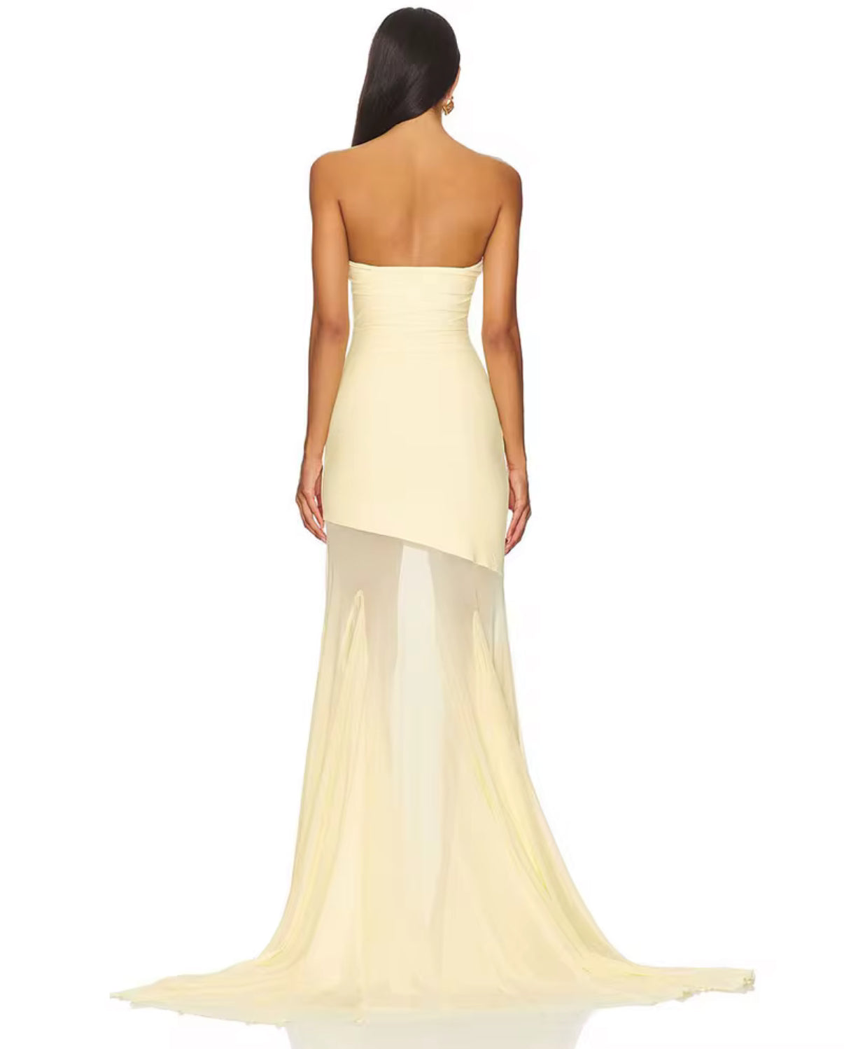 Yellow strapless evening dress with ombré sheer flowing hem