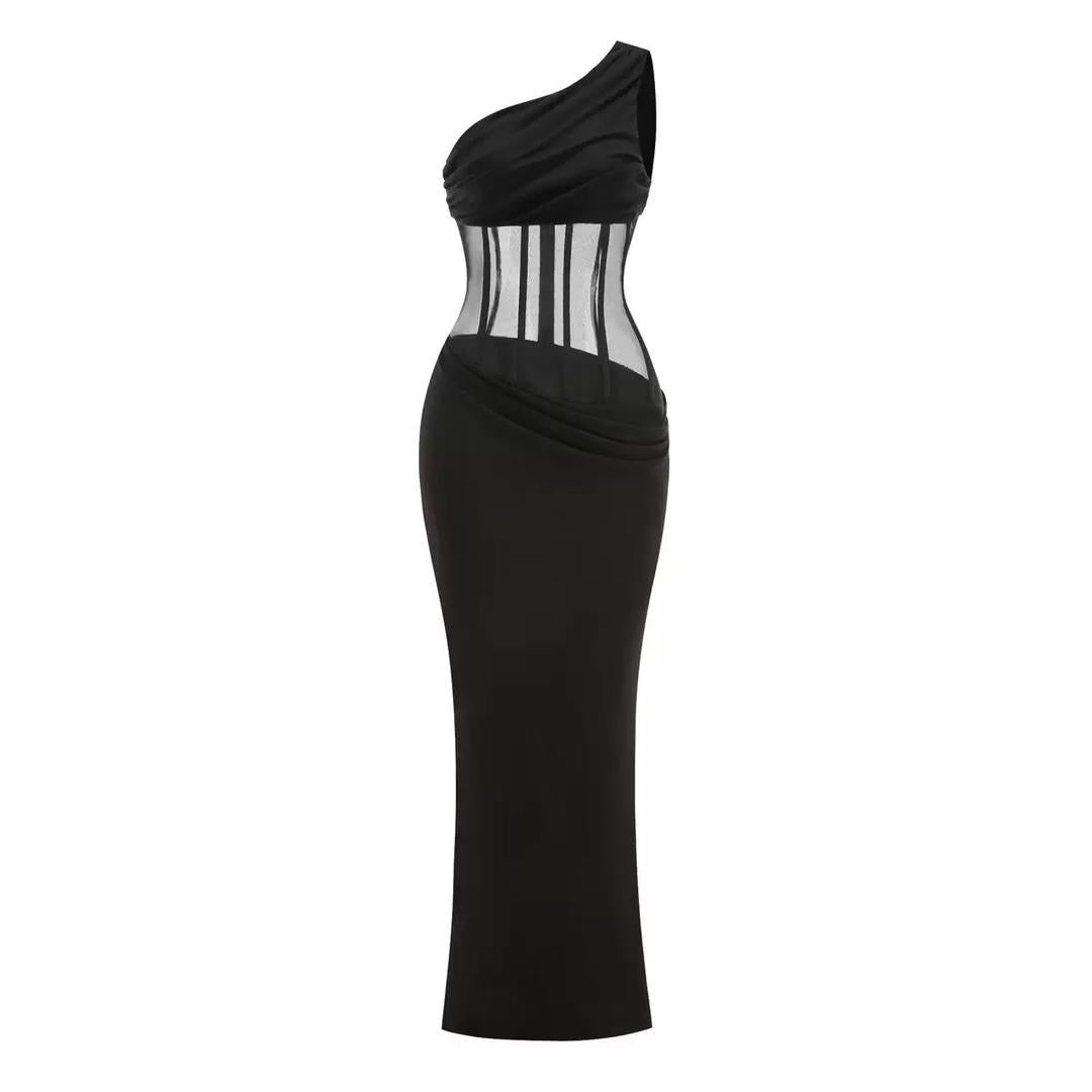 One-Shoulder Sheer Corset Maxi Dress