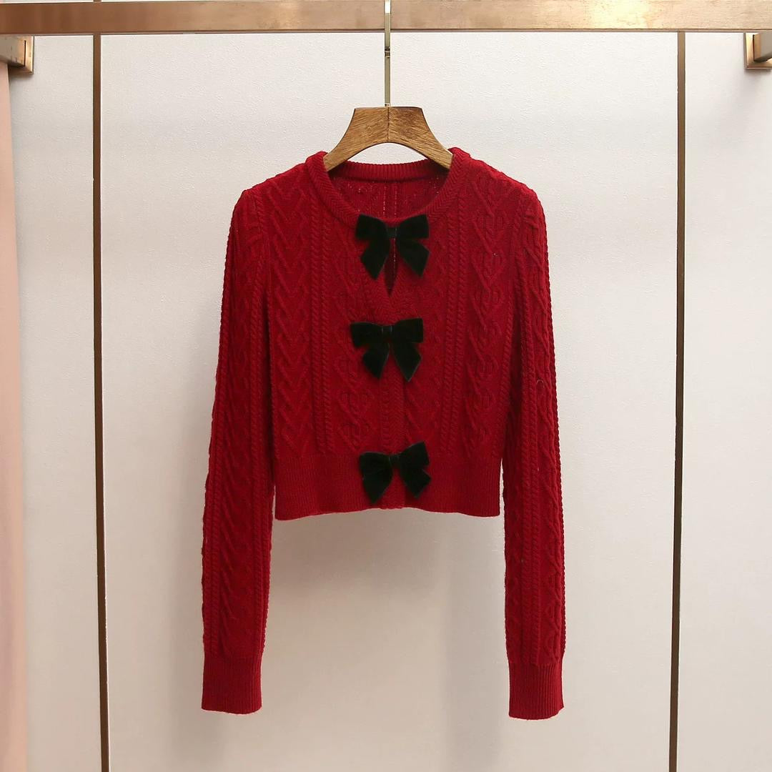 Velvet Bow Charm Cable-Knit Sweater – Red