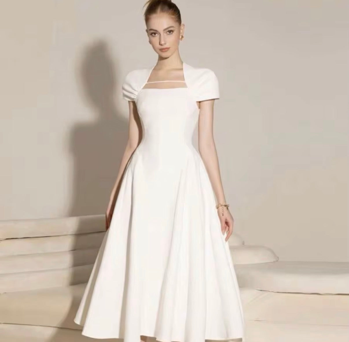Elegant Ivory Sculpted A-Line Midi Dress with Draped Bolero Sleeves