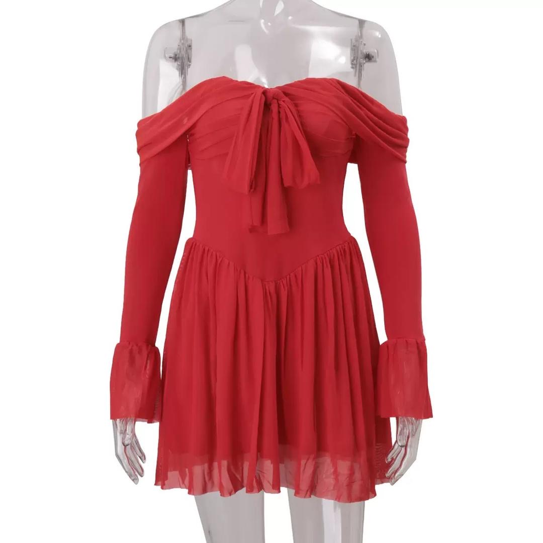 Red Off-Shoulder Mini Dress with Front Bow and Flared Sleeves