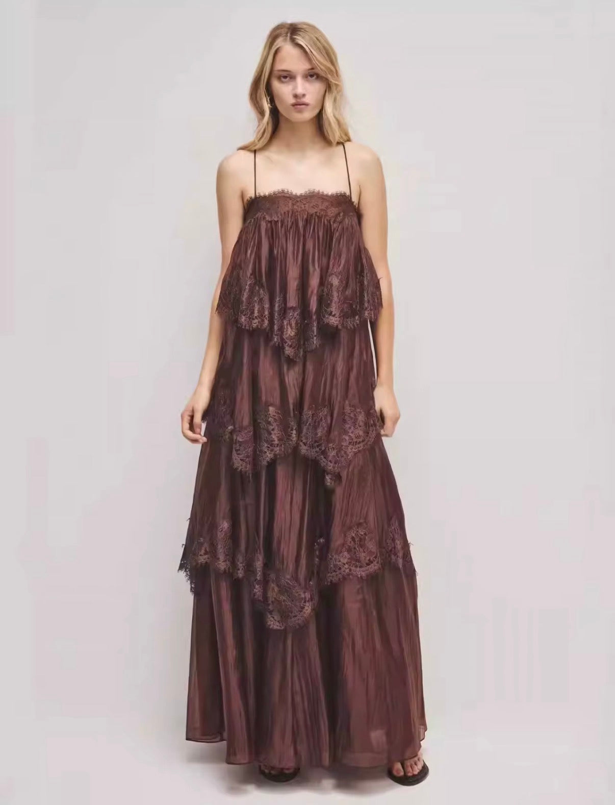 Chocolate Sheer Lace Tiered Maxi Dress with Layered Ruffles