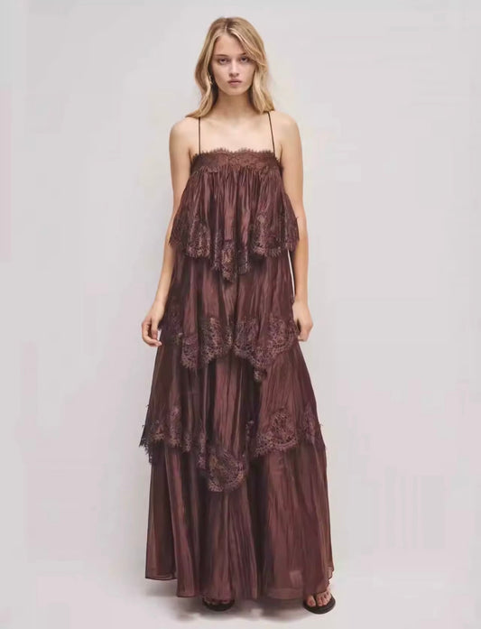 Chocolate Sheer Lace Tiered Maxi Dress with Layered Ruffles