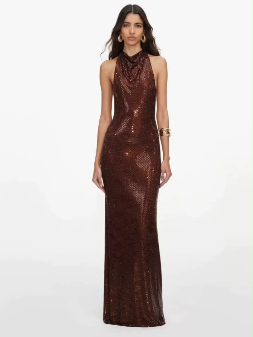Chocolate Sequin Open-Back Halter Maxi Dress