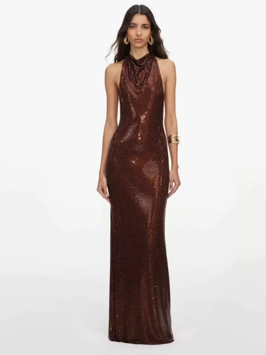 Chocolate Sequin Open-Back Halter Maxi Dress