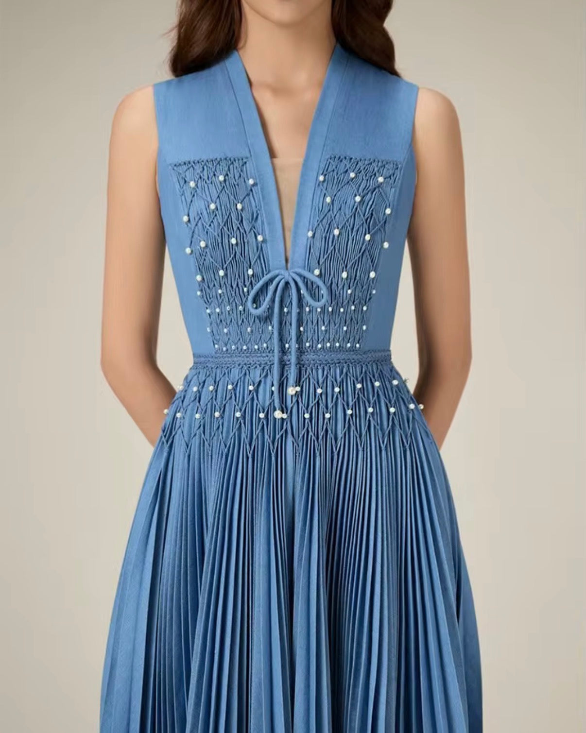 Pearl-Embellished Pleated Midi Dress with Smocked Bodice & Deep V Neckline