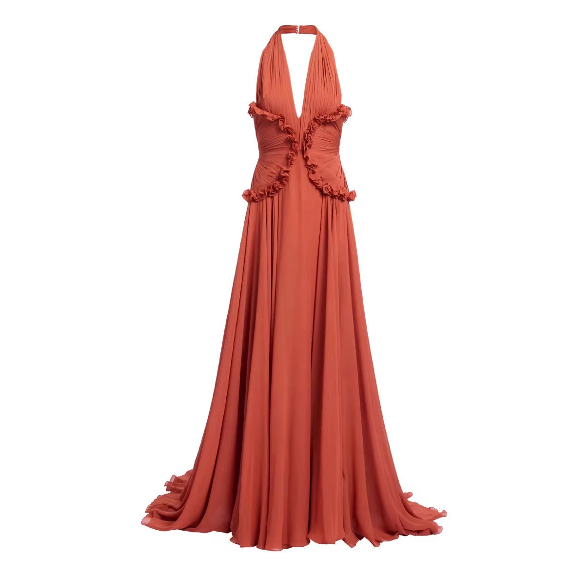 Sleeveless Deep Halter Terracotta Maxi Dress