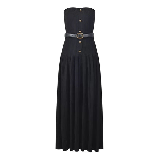 Strapless Pleated Maxi Dress with Gold Button Detail & Belt