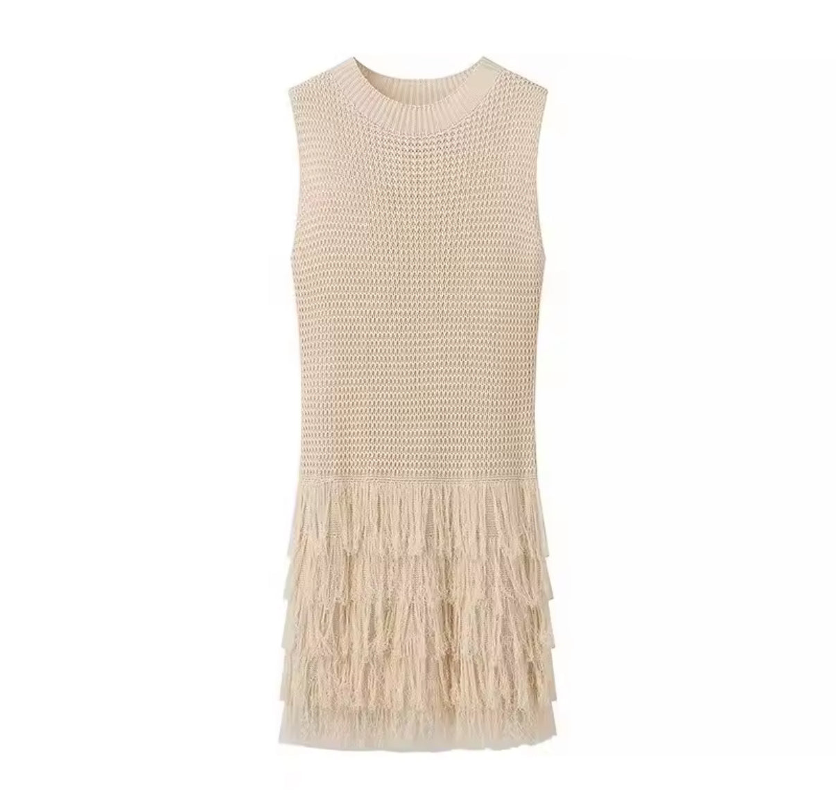 Beige knit mini dress with layered fringe hem