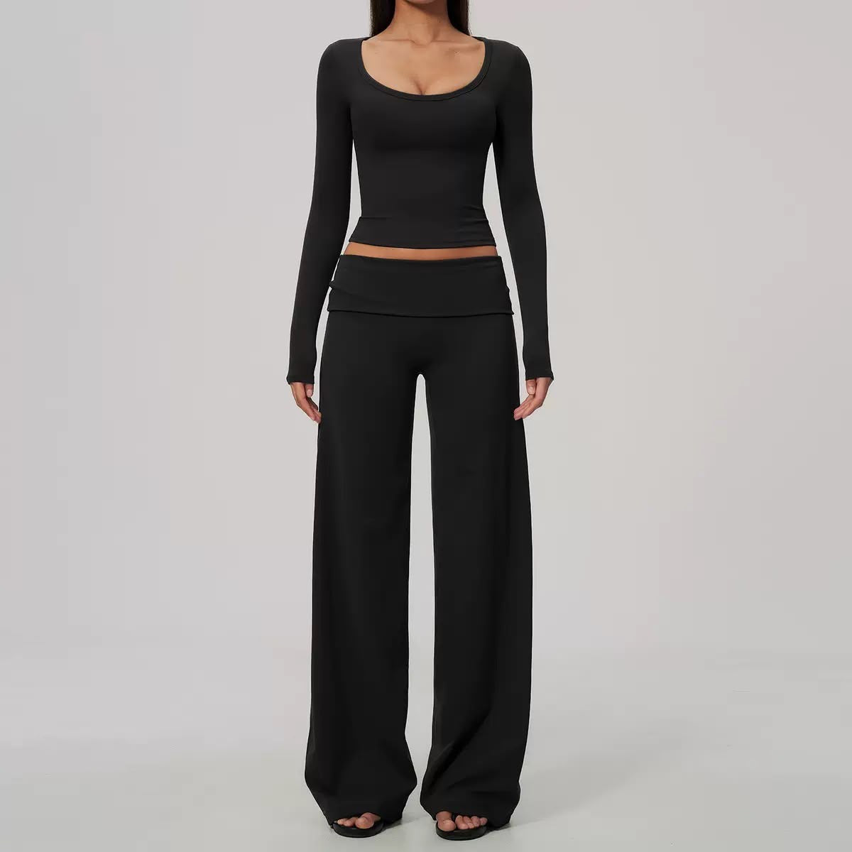 Scoop-Neck Foldover Wide-Leg Set